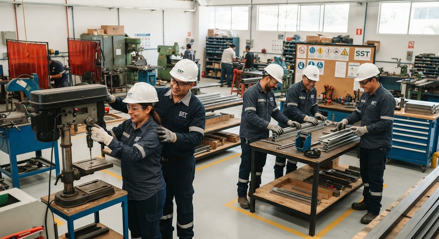 Equipo de una PYME trabajando con equipo de protección personal en un taller industrial